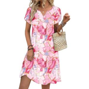 image:imageZeagoo Womens Casual Dresses with Pockets Summer Floral VNeck ALine Tshirt Dress Short Sleeve Mini Dress Beach SundressPink Marble Printed