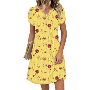 image:imageZeagoo Womens Casual Dresses with Pockets Summer Floral VNeck ALine Tshirt Dress Short Sleeve Mini Dress Beach SundressYellow Floral