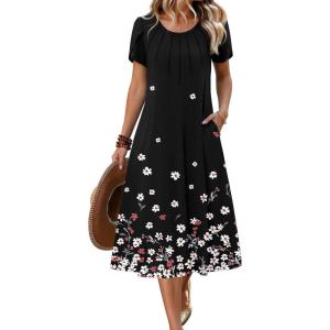 image:imageZeagoo Womens Casual Summer Dress 2026 Petal Short Sleeve Dresses with Pleats Midi A Line Flowy Dress Boho SundressBlack Floral