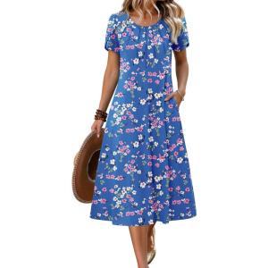 image:imageZeagoo Womens Casual Summer Dress 2026 Petal Short Sleeve Dresses with Pleats Midi A Line Flowy Dress Boho SundressBlue Floral 02
