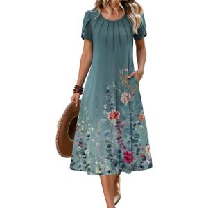 image:imageZeagoo Womens Casual Summer Dress 2026 Petal Short Sleeve Dresses with Pleats Midi A Line Flowy Dress Boho SundressBlue Green Floral