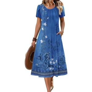 image:imageZeagoo Womens Casual Summer Dress 2026 Petal Short Sleeve Dresses with Pleats Midi A Line Flowy Dress Boho SundressBoho Blue Floral
