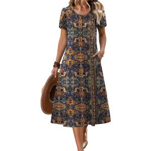 image:imageZeagoo Womens Casual Summer Dress 2026 Petal Short Sleeve Dresses with Pleats Midi A Line Flowy Dress Boho SundressChic Printed