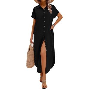 image:imageZeagoo Womens Dresses Casual Summer Short Sleeve Button Down Long Shirt Dresses Swimsuit Beach Cover Ups with PocketsBlack