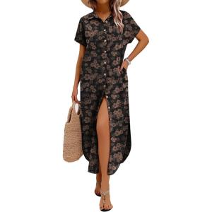 image:imageZeagoo Womens Dresses Casual Summer Short Sleeve Button Down Long Shirt Dresses Swimsuit Beach Cover Ups with PocketsBlack Floral