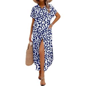 image:imageZeagoo Womens Dresses Casual Summer Short Sleeve Button Down Long Shirt Dresses Swimsuit Beach Cover Ups with PocketsBlue Floral