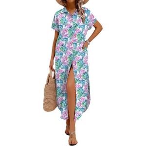 image:imageZeagoo Womens Dresses Casual Summer Short Sleeve Button Down Long Shirt Dresses Swimsuit Beach Cover Ups with PocketsCoral Floral