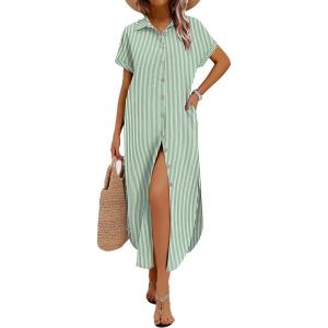 image:imageZeagoo Womens Dresses Casual Summer Short Sleeve Button Down Long Shirt Dresses Swimsuit Beach Cover Ups with PocketsGreen Stripe