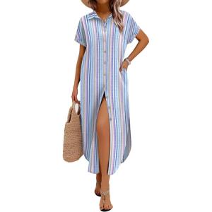 image:imageZeagoo Womens Dresses Casual Summer Short Sleeve Button Down Long Shirt Dresses Swimsuit Beach Cover Ups with PocketsPinkblue