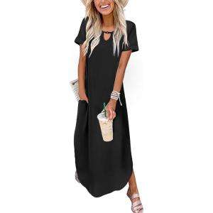 image:imageZeagoo Womens Maxi Summer Dress with Pockets Casual Short Sleeve Sundress Trendy 2026 Curve Hem Long Dress2601 Ablack