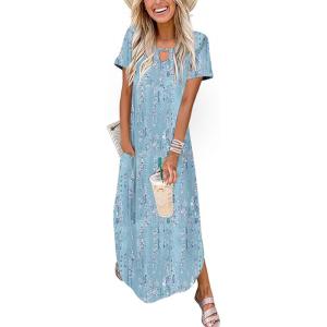 image:imageZeagoo Womens Maxi Summer Dress with Pockets Casual Short Sleeve Sundress Trendy 2026 Curve Hem Long Dress2601 Aprinted011