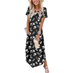 image:imageZeagoo Womens Maxi Summer Dress with Pockets Casual Short Sleeve Sundress Trendy 2026 Curve Hem Long Dress2602 Black Floral