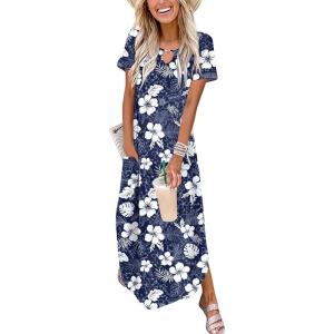 image:imageZeagoo Womens Maxi Summer Dress with Pockets Casual Short Sleeve Sundress Trendy 2026 Curve Hem Long Dress2602 Blue Floral