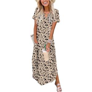 image:imageZeagoo Womens Maxi Summer Dress with Pockets Casual Short Sleeve Sundress Trendy 2026 Curve Hem Long Dress2602 Brown Flower