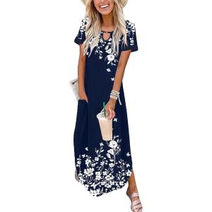 image:imageZeagoo Womens Maxi Summer Dress with Pockets Casual Short Sleeve Sundress Trendy 2026 Curve Hem Long Dress2602 Navy Floral