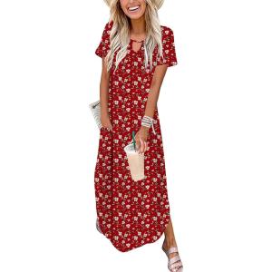 image:imageZeagoo Womens Maxi Summer Dress with Pockets Casual Short Sleeve Sundress Trendy 2026 Curve Hem Long Dress2602 Red Floral