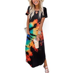 image:imageZeagoo Womens Maxi Summer Dress with Pockets Casual Short Sleeve Sundress Trendy 2026 Curve Hem Long DressBlackprinted01