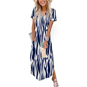 image:imageZeagoo Womens Maxi Summer Dress with Pockets Casual Short Sleeve Sundress Trendy 2026 Curve Hem Long DressBlue Printed01