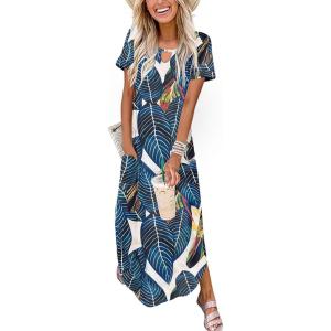 image:imageZeagoo Womens Maxi Summer Dress with Pockets Casual Short Sleeve Sundress Trendy 2026 Curve Hem Long DressLeafprinted01