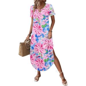 image:imageZeagoo Womens Maxi Summer Dress with Pockets Casual Short Sleeve Sundress Trendy 2026 Curve Hem Long DressPink Floral02