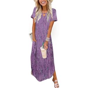 image:imageZeagoo Womens Maxi Summer Dress with Pockets Casual Short Sleeve Sundress Trendy 2026 Curve Hem Long DressPrinted022