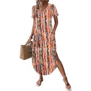 image:imageZeagoo Womens Maxi Summer Dress with Pockets Casual Short Sleeve Sundress Trendy 2026 Curve Hem Long DressPrinted044