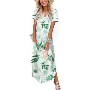 image:imageZeagoo Womens Maxi Summer Dress with Pockets Casual Short Sleeve Sundress Trendy 2026 Curve Hem Long DressWhiteleafprinted