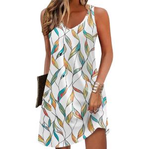 image:imageZeagoo Womens Summer Dress 2026 Loose V Neck Sleeveless Sundresses Swimsuit Coverup with Pockets Floral Tank DressesWhite Leafprinted