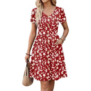 image:imageZeagoo Womens Summer Dress Mini Petal Short Sleeve Dresses Pleated Button Down V Neck Floral Beach Swing Vacation Dress 202601floral Red White