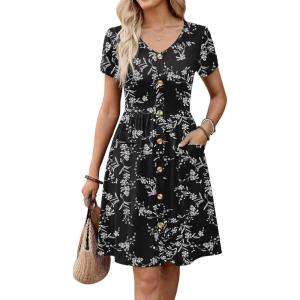image:imageZeagoo Womens Summer Dress Mini Petal Short Sleeve Dresses Pleated Button Down V Neck Floral Beach Swing Vacation Dress 2026Floral Black