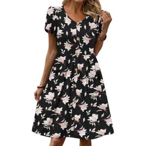 image:imageZeagoo Womens Summer Dress Mini Petal Short Sleeve Dresses Pleated Button Down V Neck Floral Beach Swing Vacation Dress 2026Floral Black White