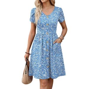 image:imageZeagoo Womens Summer Dress Mini Petal Short Sleeve Dresses Pleated Button Down V Neck Floral Beach Swing Vacation Dress 2026Floral Blue