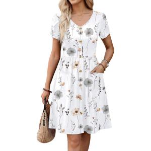 image:imageZeagoo Womens Summer Dress Mini Petal Short Sleeve Dresses Pleated Button Down V Neck Floral Beach Swing Vacation Dress 2026Floral White