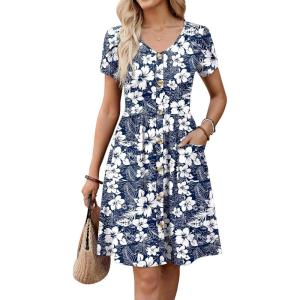 image:imageZeagoo Womens Summer Dress Mini Petal Short Sleeve Dresses Pleated Button Down V Neck Floral Beach Swing Vacation Dress 2026Floral White Blue