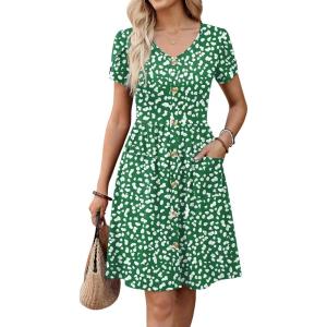 image:imageZeagoo Womens Summer Dress Mini Petal Short Sleeve Dresses Pleated Button Down V Neck Floral Beach Swing Vacation Dress 2026Jh560