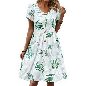 image:imageZeagoo Womens Summer Dress Mini Petal Short Sleeve Dresses Pleated Button Down V Neck Floral Beach Swing Vacation Dress 2026Leaf Blue Green