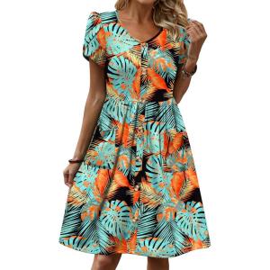 image:imageZeagoo Womens Summer Dress Mini Petal Short Sleeve Dresses Pleated Button Down V Neck Floral Beach Swing Vacation Dress 2026Leaf Blue Red