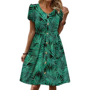 image:imageZeagoo Womens Summer Dress Mini Petal Short Sleeve Dresses Pleated Button Down V Neck Floral Beach Swing Vacation Dress 2026Leaf Green 1