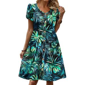 image:imageZeagoo Womens Summer Dress Mini Petal Short Sleeve Dresses Pleated Button Down V Neck Floral Beach Swing Vacation Dress 2026Leaf Green 2