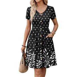 image:imageZeagoo Womens Summer Dress Mini Petal Short Sleeve Dresses Pleated Button Down V Neck Floral Beach Swing Vacation Dress 2026Sp122