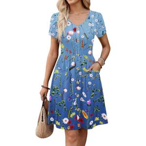image:imageZeagoo Womens Summer Dress Mini Petal Short Sleeve Dresses Pleated Button Down V Neck Floral Beach Swing Vacation Dress 2026Wf89