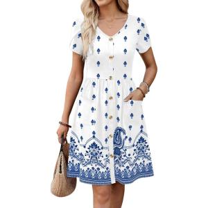 image:imageZeagoo Womens Summer Dress Mini Petal Short Sleeve Dresses Pleated Button Down V Neck Floral Beach Swing Vacation Dress 2026Yg1