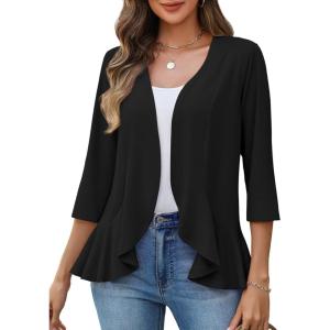 image:imageZeagoo Womens 2026 Summer 34 Sleeve Lightweight Cardigans Open Front Draped Ruffles Kimono CoverupsAblack