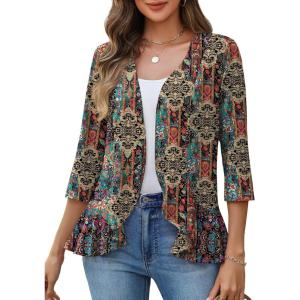 image:imageZeagoo Womens 2026 Summer 34 Sleeve Lightweight Cardigans Open Front Draped Ruffles Kimono CoverupsAmz721