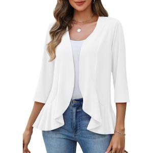 image:imageZeagoo Womens 2026 Summer 34 Sleeve Lightweight Cardigans Open Front Draped Ruffles Kimono CoverupsAwhite