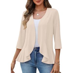 image:imageZeagoo Womens 2026 Summer 34 Sleeve Lightweight Cardigans Open Front Draped Ruffles Kimono CoverupsBeige
