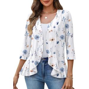 image:imageZeagoo Womens 2026 Summer 34 Sleeve Lightweight Cardigans Open Front Draped Ruffles Kimono CoverupsBf290
