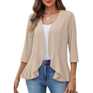 image:imageZeagoo Womens 2026 Summer 34 Sleeve Lightweight Cardigans Open Front Draped Ruffles Kimono CoverupsKhaki
