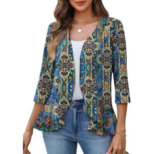 image:imageZeagoo Womens 2026 Summer 34 Sleeve Lightweight Cardigans Open Front Draped Ruffles Kimono CoverupsMz779