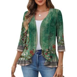 image:imageZeagoo Womens 2026 Summer 34 Sleeve Lightweight Cardigans Open Front Draped Ruffles Kimono CoverupsMz839